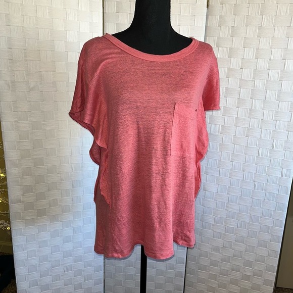 Sundance Womens 100% Linen Ruffle Tee Blouse Size XS Basic Spring Flutter Sleeve - Picture 2 of 12